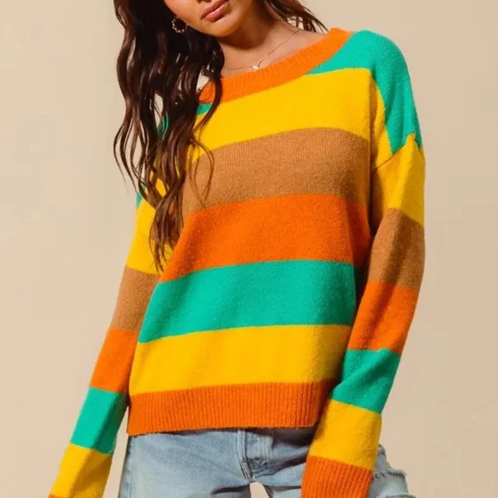 SO ME Multi‎ Color Stripe Sweater with Ribbed Detail